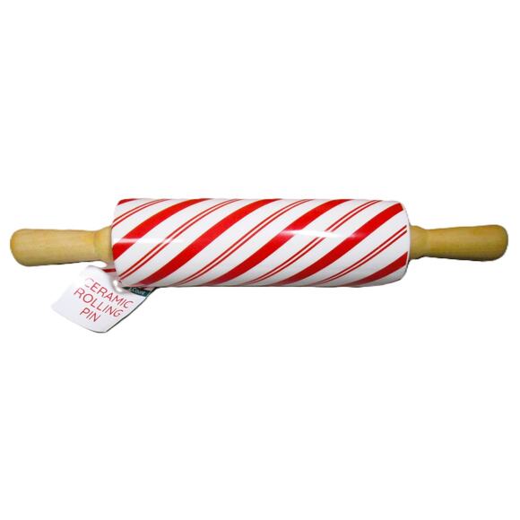 Ceramic Rolling Pin with Wood Handles Candy Cane Striped Holiday Baking Tool - Picture 1 of 2